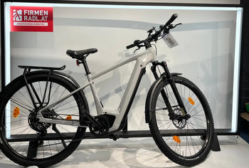Graues Focus E-Bike mit Gepäckträger und Schutzblechen auf einem Ständer.