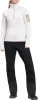Damen-Fleecejacke in Weiß mit Reißverschluss am Kragen und schwarzer Hose.