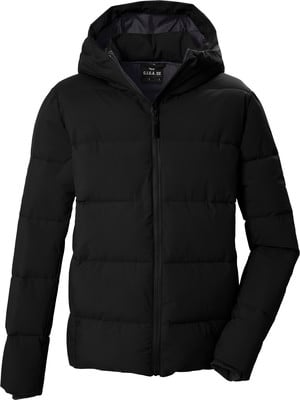 Schwarze Daunenjacke mit Kapuze und Reißverschluss. Schwarze Daunenjacke mit Kapuze und Reißverschluss.