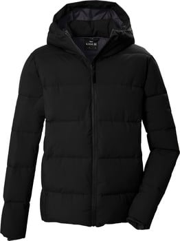 Schwarze Daunenjacke mit Kapuze und Reißverschluss.
