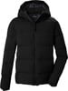 Schwarze Daunenjacke mit Kapuze und Reißverschluss.