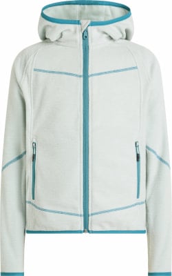 Hellblaue Fleecejacke mit Kapuze und türkisfarbenem Besatz und Reißverschluss. Hellblaue Fleecejacke mit Kapuze und türkisfarbenem Besatz und Reißverschluss.