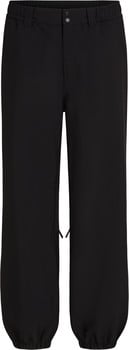Schwarze lockere Hose mit elastischem Bund und Kordelzügen an den Knöcheln.