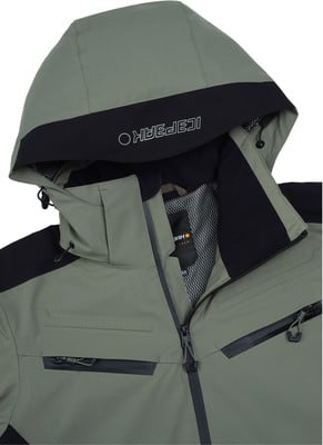 Grüne Jacke mit schwarzen Details und ICEPEAK-Logo auf der Kapuze.