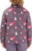 Rückansicht eines Mädchens in einem grauen Fleece-Pullover mit Bären- und Pinguinmotiv.