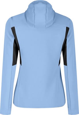 Rückansicht einer hellblauen Jacke mit schwarzen Seiteneinsätzen und Kapuze. Rückansicht einer hellblauen Jacke mit schwarzen Seiteneinsätzen und Kapuze.