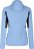 Rückansicht einer hellblauen Jacke mit schwarzen Seiteneinsätzen und Kapuze.