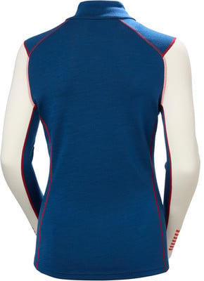 Rückansicht eines blau-weißen Pullovers mit roter Paspel und Ärmelstreifen.