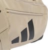 Eine beige Adidas-Tasche mit schwarzen Streifen und einem Reißverschluss.