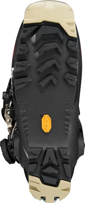Skischuhsohle mit aggressivem Profil und Vibram-Logo. Skischuhsohle mit aggressivem Profil und Vibram-Logo.