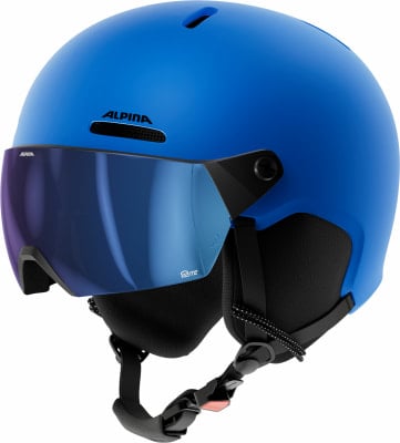 Blauer Alpina Skihelm mit integriertem Visier und verstellbaren Riemen. Blauer Alpina Skihelm mit integriertem Visier und verstellbaren Riemen.