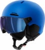 Blauer Alpina Skihelm mit integriertem Visier und verstellbaren Riemen.