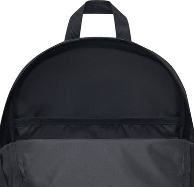 Schwarzer Rucksack mit Innentasche und oberer Schlaufe.