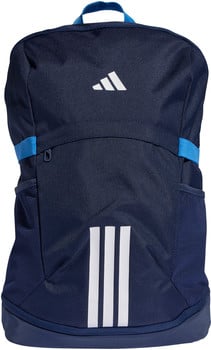 Ein dunkelblauer Adidas-Rucksack mit weißen Streifen und Logo auf der Vorderseite.