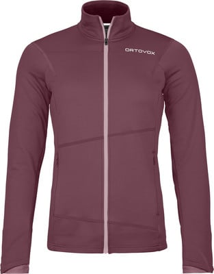 Damen-Fleecejacke in Dunkelrosa mit weißem Reißverschluss und ORTOVOX-Logo. Damen-Fleecejacke in Dunkelrosa mit weißem Reißverschluss und ORTOVOX-Logo.
