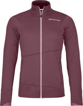Damen-Fleecejacke in Dunkelrosa mit weißem Reißverschluss und ORTOVOX-Logo.