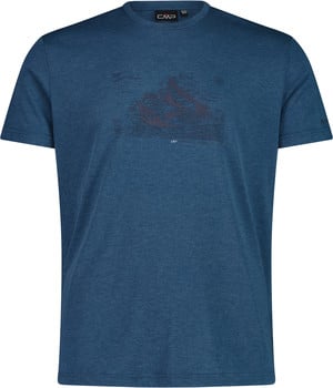 Blaues T-Shirt mit kurzen Ärmeln und Bergprint auf der Brust.