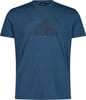 Blaues T-Shirt mit kurzen Ärmeln und Bergprint auf der Brust.