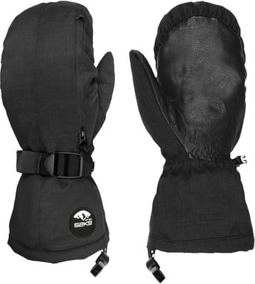 Schwarze Skifäustlinge mit Lederhandfläche und verstellbarem Riemen. Schwarze Skifäustlinge mit Lederhandfläche und verstellbarem Riemen.