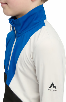 Dieser McKinley Kinderpullover hat einen blauen Kragen und weiße und schwarze Einsätze. Dieser McKinley Kinderpullover hat einen blauen Kragen und weiße und schwarze Einsätze.