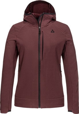 Damen-Fleecejacke in Weinrot mit Kapuze, durchgehendem Reißverschluss und Logo. Damen-Fleecejacke in Weinrot mit Kapuze, durchgehendem Reißverschluss und Logo.