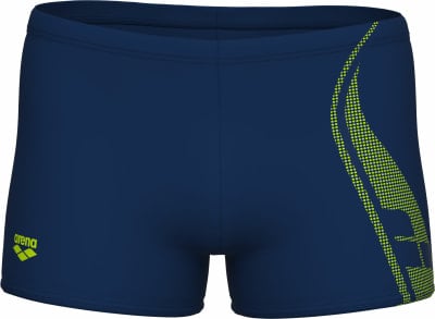 Marineblaue Arena-Badehose mit gelbem Logo und grafischem Muster. Marineblaue Arena-Badehose mit gelbem Logo und grafischem Muster.