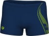 Marineblaue Arena-Badehose mit gelbem Logo und grafischem Muster.