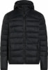 Schwarze Daunenjacke mit Kapuze und Reißverschluss.