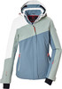 Damen-Skijacke in mehrfarbigem Design mit Kapuze und Reißverschluss.