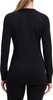 Eine Frau in einem schwarzen Langarmshirt und Leggings, von hinten gesehen.