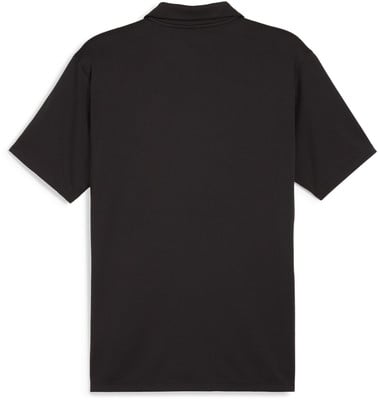 Schwarzes Poloshirt mit kurzen Ärmeln und Kragen aus strukturiertem Stoff. Schwarzes Poloshirt mit kurzen Ärmeln und Kragen aus strukturiertem Stoff.