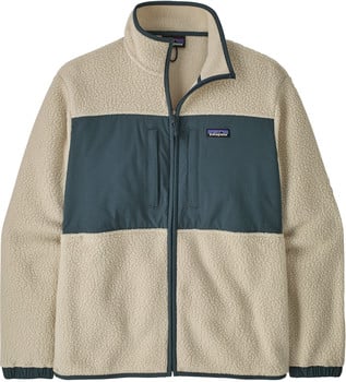 Beige Patagonia Fleecejacke mit dunkelblauem Einsatz.