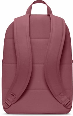 Die Rückseite eines rosa Rucksacks mit gepolsterten Schultergurten und einem oberen Griff.