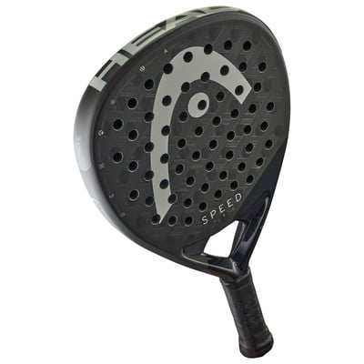 Schwarzer HEAD Padel-Schläger mit großem Logo und Löchern auf der Oberfläche. Schwarzer HEAD Padel-Schläger mit großem Logo und Löchern auf der Oberfläche.