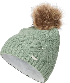 Grüne Strickmütze mit Bommel und Strass, mit Fleece gefüttert.