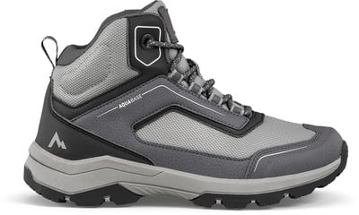 Grauer Knöchelschuh für Wandern mit Aquabase-Logo und Bergsymbol. Grauer Knöchelschuh für Wandern mit Aquabase-Logo und Bergsymbol.