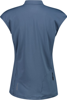 Rückansicht eines blauen Damen-T-Shirts mit kurzen Ärmeln und Kragen. Rückansicht eines blauen Damen-T-Shirts mit kurzen Ärmeln und Kragen.