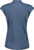 Rückansicht eines blauen Damen-T-Shirts mit kurzen Ärmeln und Kragen.