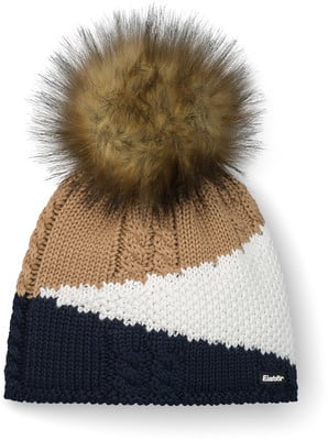Gestrickte Bommelmütze mit Streifen in Dunkelblau, Weiß und Braun.