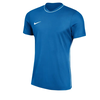 Blaues Nike T-Shirt mit weißem Besatz und Logo auf der Brust.
