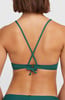 Rückansicht eines Damen-Bikini-Oberteils in Petrol mit gekreuzten Trägern und Schleife.