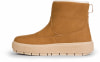 Braune Stiefeletten mit weißem Rand und Plateau.