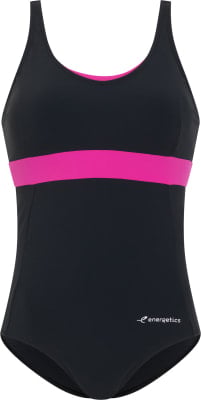 Schwarzer Badeanzug mit pinkem Streifen und Energetics-Logo. Schwarzer Badeanzug mit pinkem Streifen und Energetics-Logo.