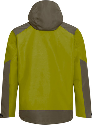 Rückansicht einer grünen Kapuzenjacke mit dunklen Einsätzen. Rückansicht einer grünen Kapuzenjacke mit dunklen Einsätzen.