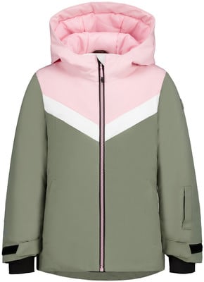 Kinder-Winterjacke mit Kapuze in Rosa und Grün mit weißem Streifen. Kinder-Winterjacke mit Kapuze in Rosa und Grün mit weißem Streifen.