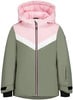 Kinder-Winterjacke mit Kapuze in Rosa und Grün mit weißem Streifen.