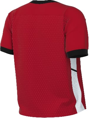 Ein rotes T-Shirt mit schwarzem Kragen und weißem Streifen an der Seite. Ein rotes T-Shirt mit schwarzem Kragen und weißem Streifen an der Seite.