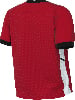 Ein rotes T-Shirt mit schwarzem Kragen und weißem Streifen an der Seite.