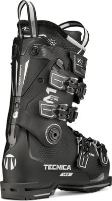 Schwarzer Tecnica Mach 1 Skischuh mit Schnallen und Logo. Schwarzer Tecnica Mach 1 Skischuh mit Schnallen und Logo.