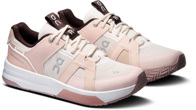 Rosa Sneaker mit weißer Sohle und braunen Details, Marke ON.